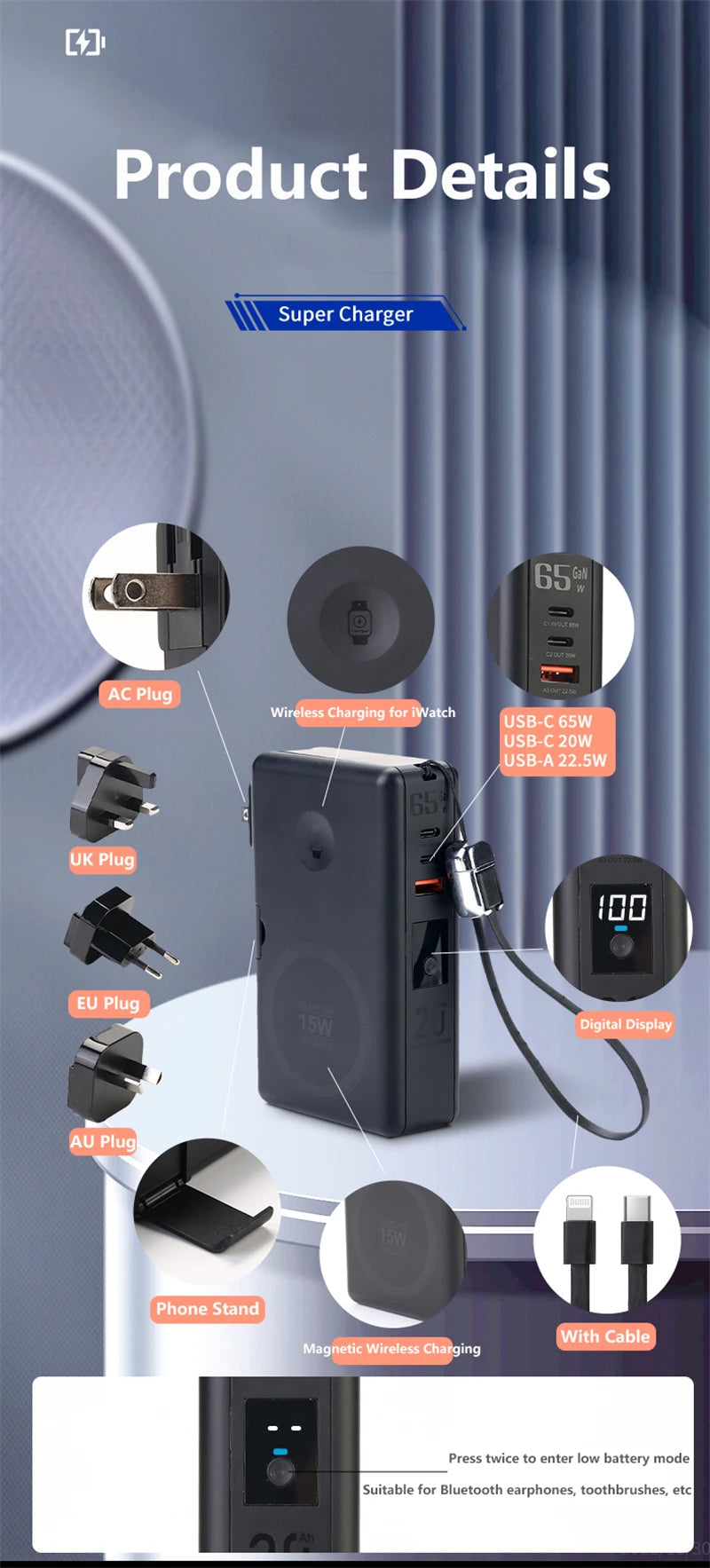 6in1 Power Bank 20000mAh 65W PD Fast Charger with Type-C Cable Portable Powerbank for Laptop Mobile Phone External Spare Battery DesiNest