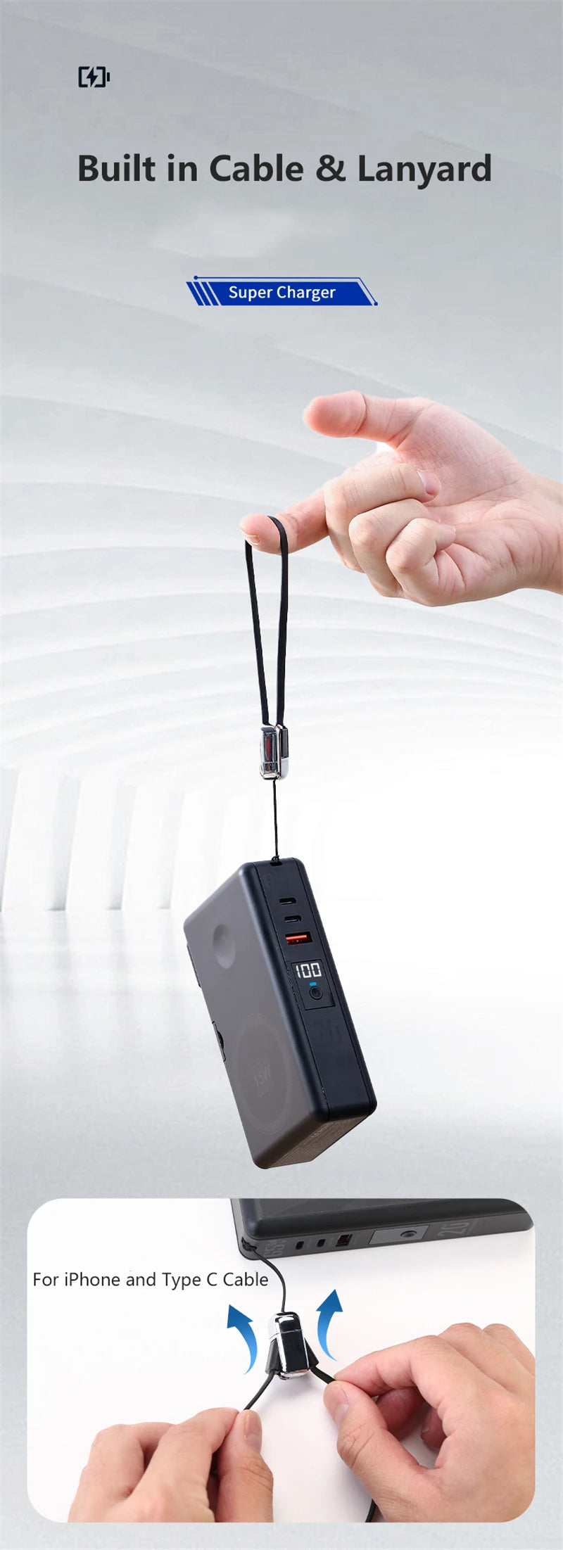 6in1 Power Bank 20000mAh 65W PD Fast Charger with Type-C Cable Portable Powerbank for Laptop Mobile Phone External Spare Battery DesiNest