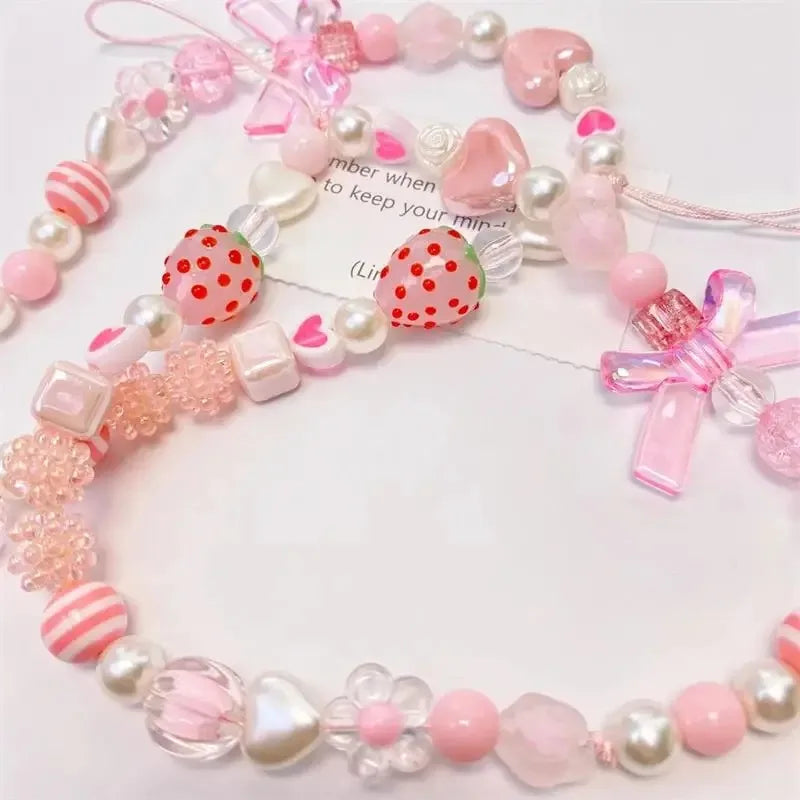 Sweet and Cute Pink Strawberry Mobile Strap Phone Chains For Women Pearl Chain Phone Pendant Charm Key Anti-Lost Lanyard Jewelry DesiNest