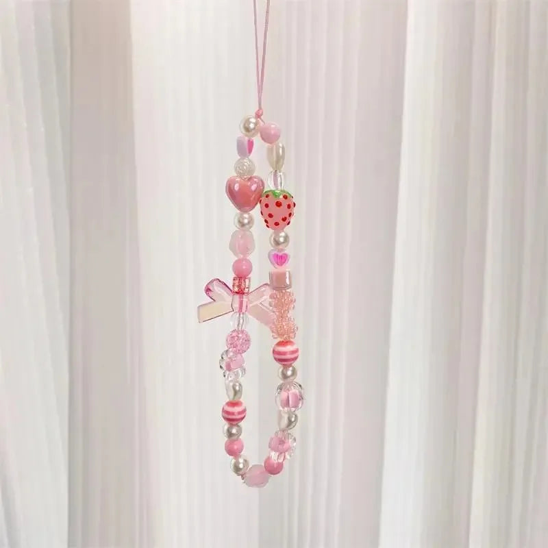 Sweet and Cute Pink Strawberry Mobile Strap Phone Chains For Women Pearl Chain Phone Pendant Charm Key Anti-Lost Lanyard Jewelry DesiNest