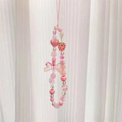 Sweet and Cute Pink Strawberry Mobile Strap Phone Chains For Women Pearl Chain Phone Pendant Charm Key Anti-Lost Lanyard Jewelry DesiNest