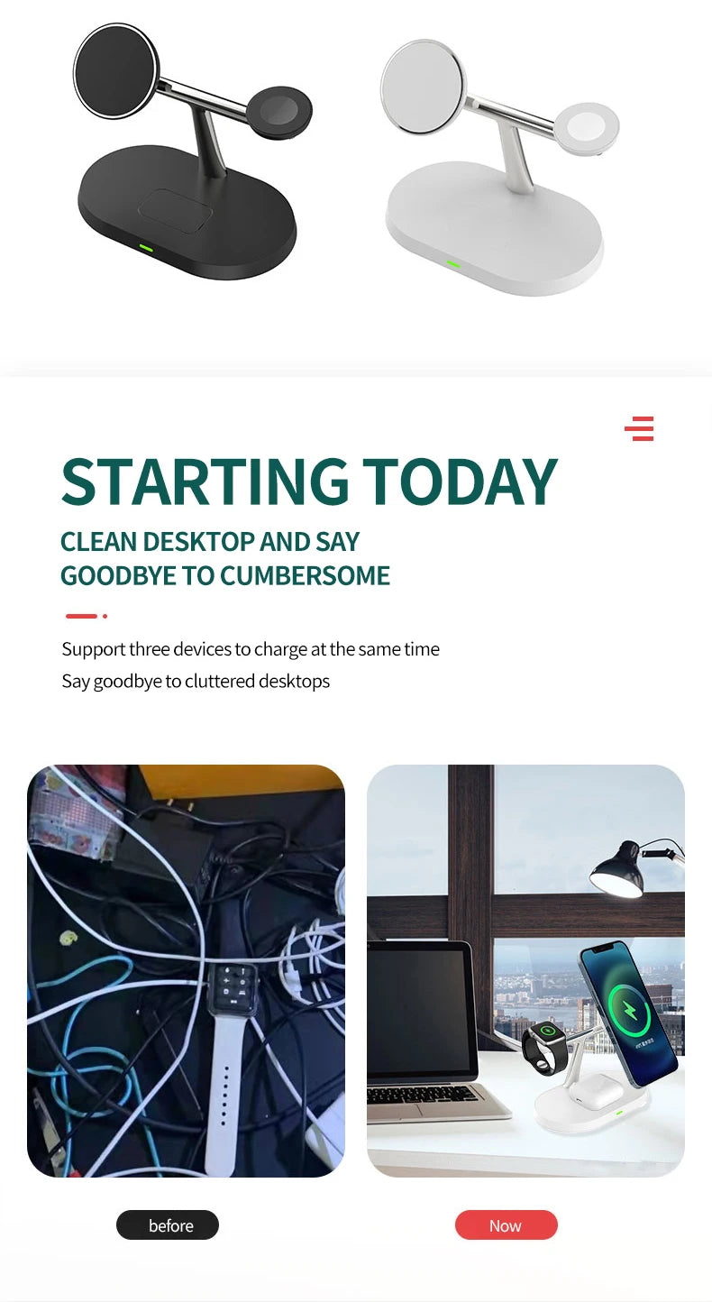 3 in 1 Magnetic Wireless Charger Stand For iPhone 12 13 14 15 16 ，Fast Charging Station for Apple Watch 10 9 8 7 6 5 Airpods Pro DesiNest