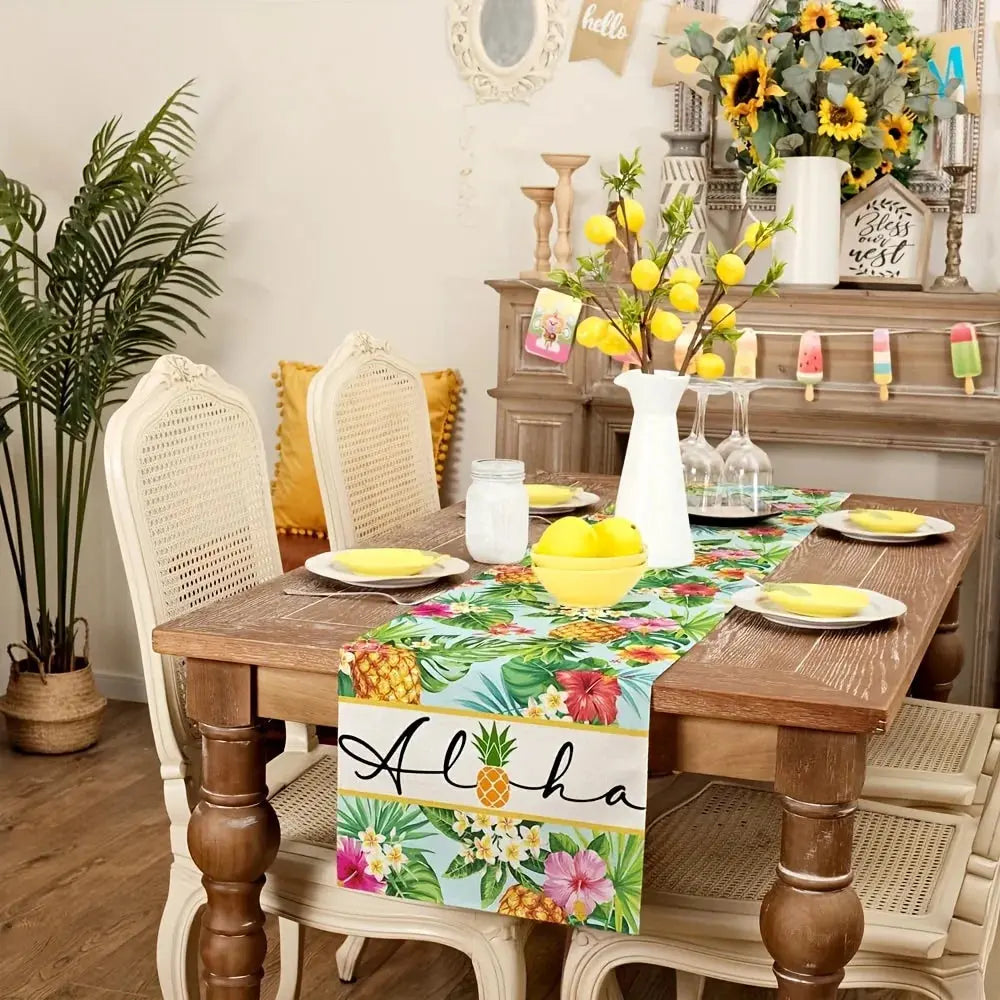 Tropical Pineapple Aloha Linen Table Runner Summer.