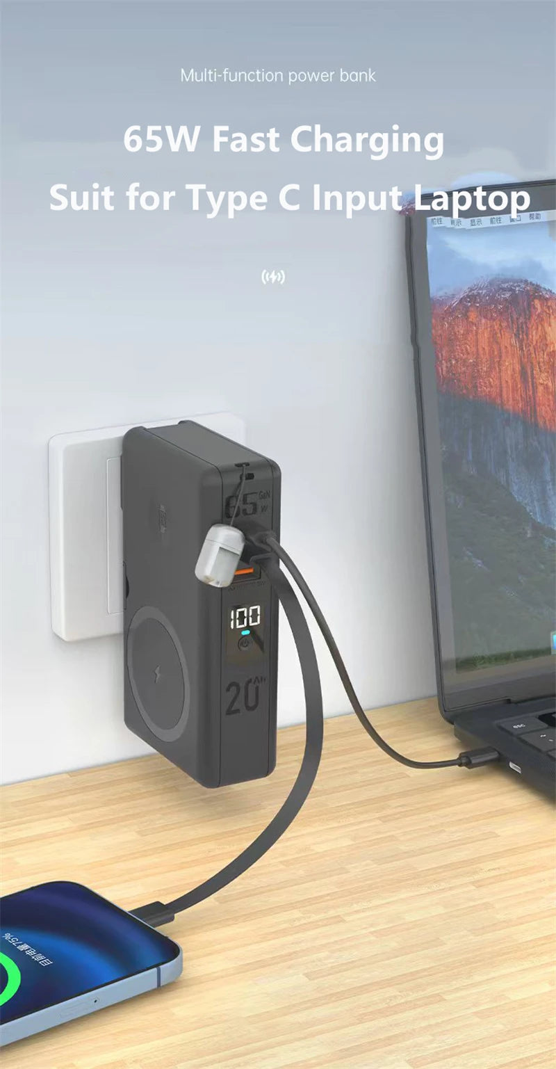 6in1 Power Bank 20000mAh 65W PD Fast Charger with Type-C Cable Portable Powerbank for Laptop Mobile Phone External Spare Battery DesiNest