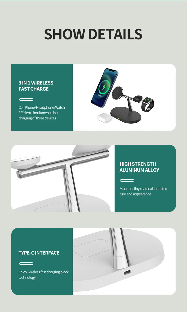3 in 1 Magnetic Wireless Charger Stand For iPhone 12 13 14 15 16 ，Fast Charging Station for Apple Watch 10 9 8 7 6 5 Airpods Pro DesiNest