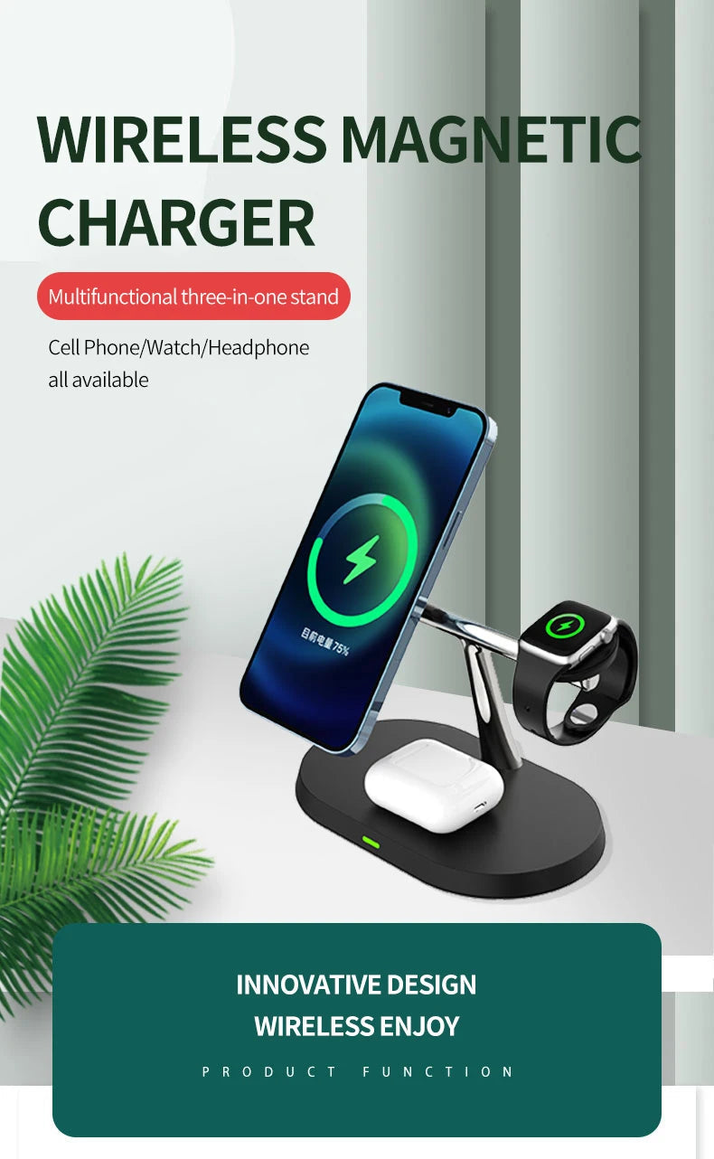 3 in 1 Magnetic Wireless Charger Stand For iPhone 12 13 14 15 16 ，Fast Charging Station for Apple Watch 10 9 8 7 6 5 Airpods Pro DesiNest