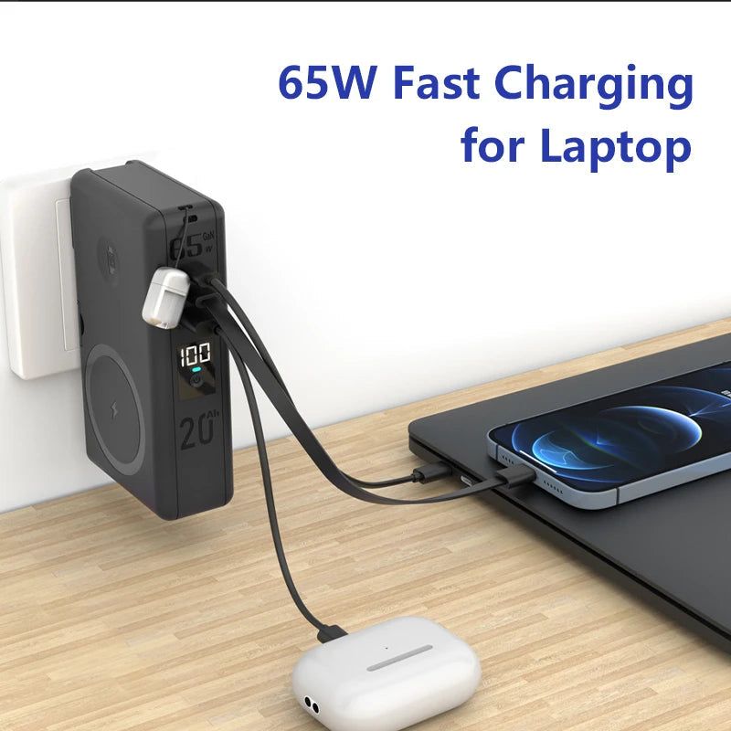 6in1 Power Bank 20000mAh 65W PD Fast Charger with Type-C Cable Portable Powerbank for Laptop Mobile Phone External Spare Battery DesiNest