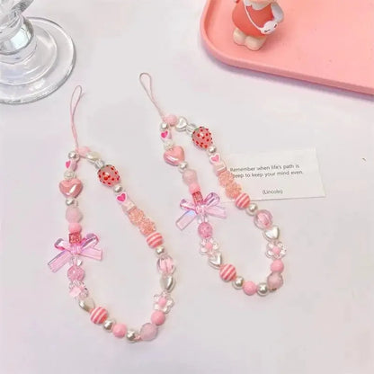 Sweet and Cute Pink Strawberry Mobile Strap Phone Chains For Women Pearl Chain Phone Pendant Charm Key Anti-Lost Lanyard Jewelry DesiNest
