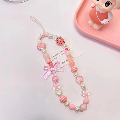 Sweet and Cute Pink Strawberry Mobile Strap Phone Chains For Women Pearl Chain Phone Pendant Charm Key Anti-Lost Lanyard Jewelry DesiNest