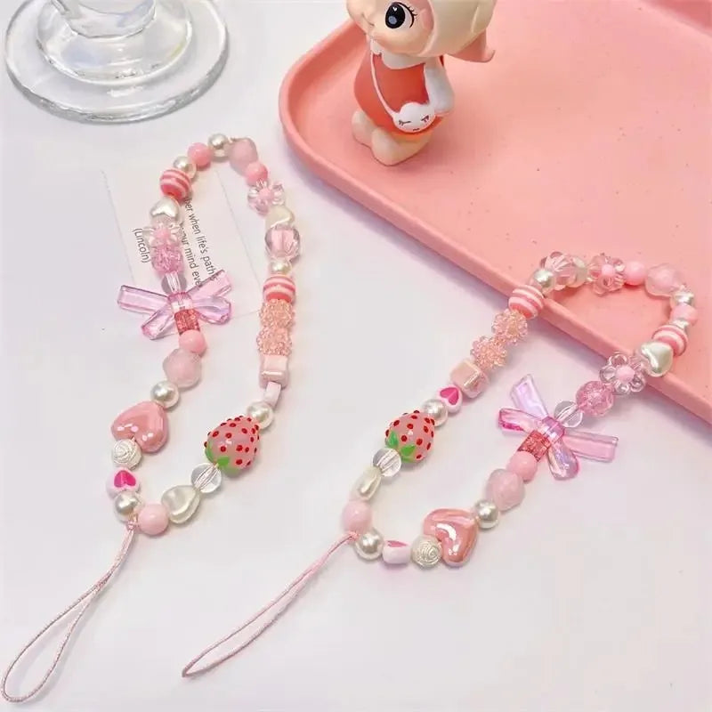 Sweet and Cute Pink Strawberry Mobile Strap Phone Chains For Women Pearl Chain Phone Pendant Charm Key Anti-Lost Lanyard Jewelry DesiNest