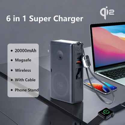 6in1 Power Bank 20000mAh 65W PD Fast Charger with Type-C Cable Portable Powerbank for Laptop Mobile Phone External Spare Battery DesiNest